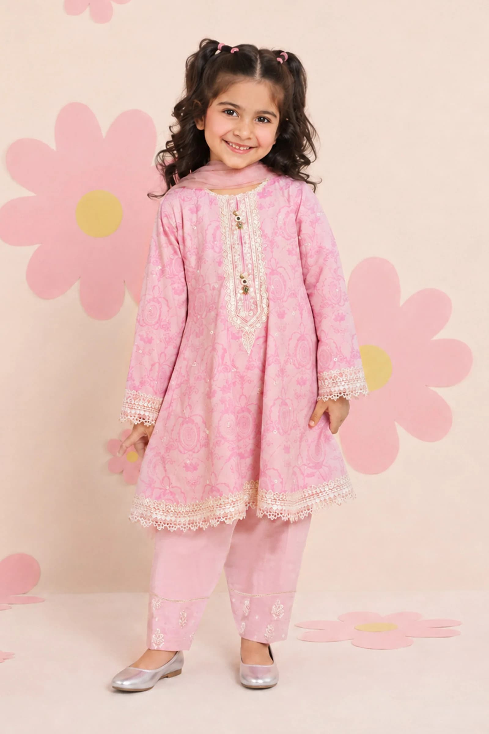 Girl in a pink printed lawn frock and trousers