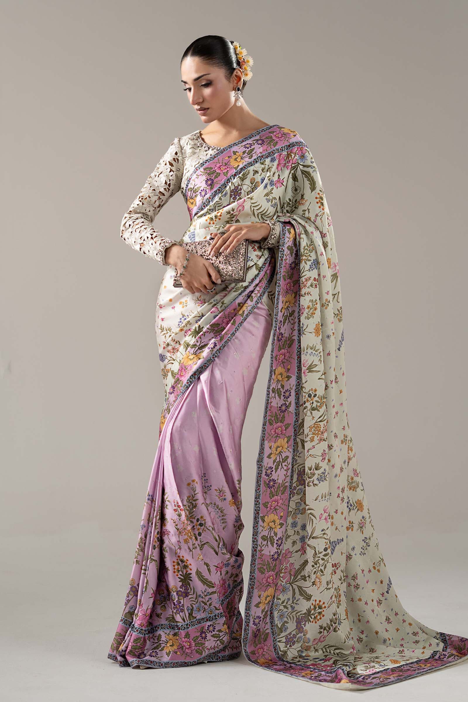Model in a lilac embellished charmeuse saree