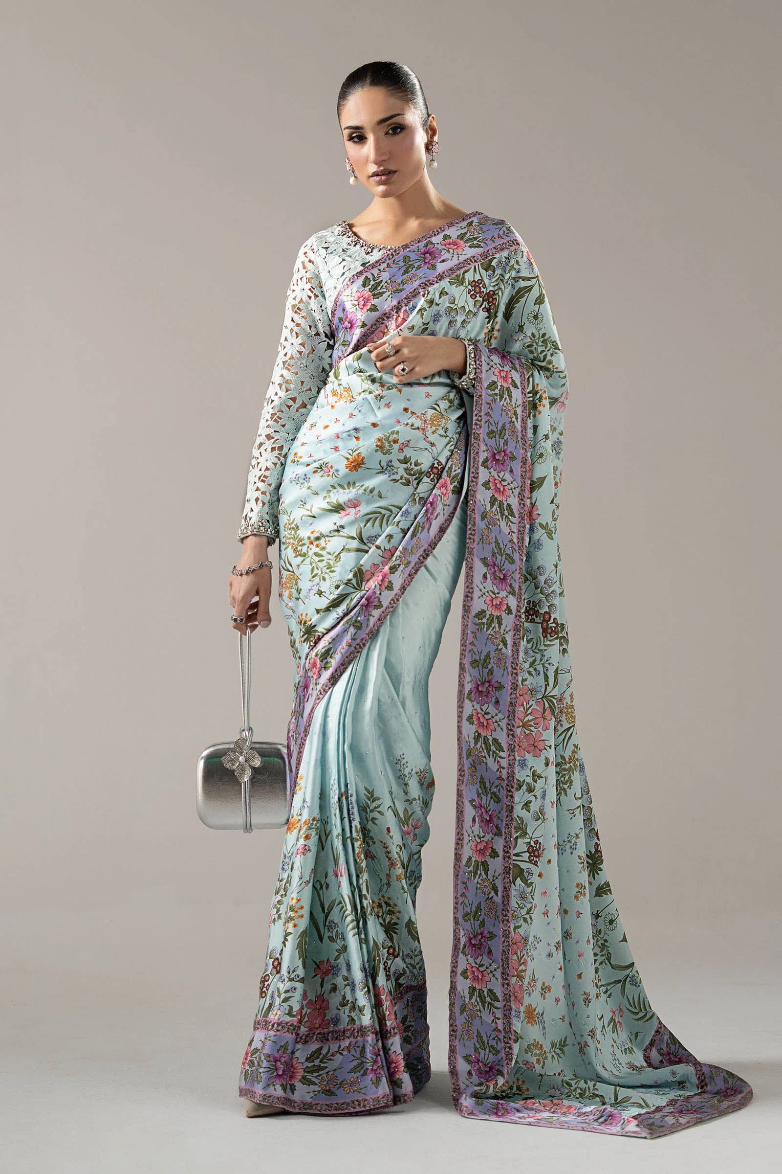 Model in a jade printed silk saree