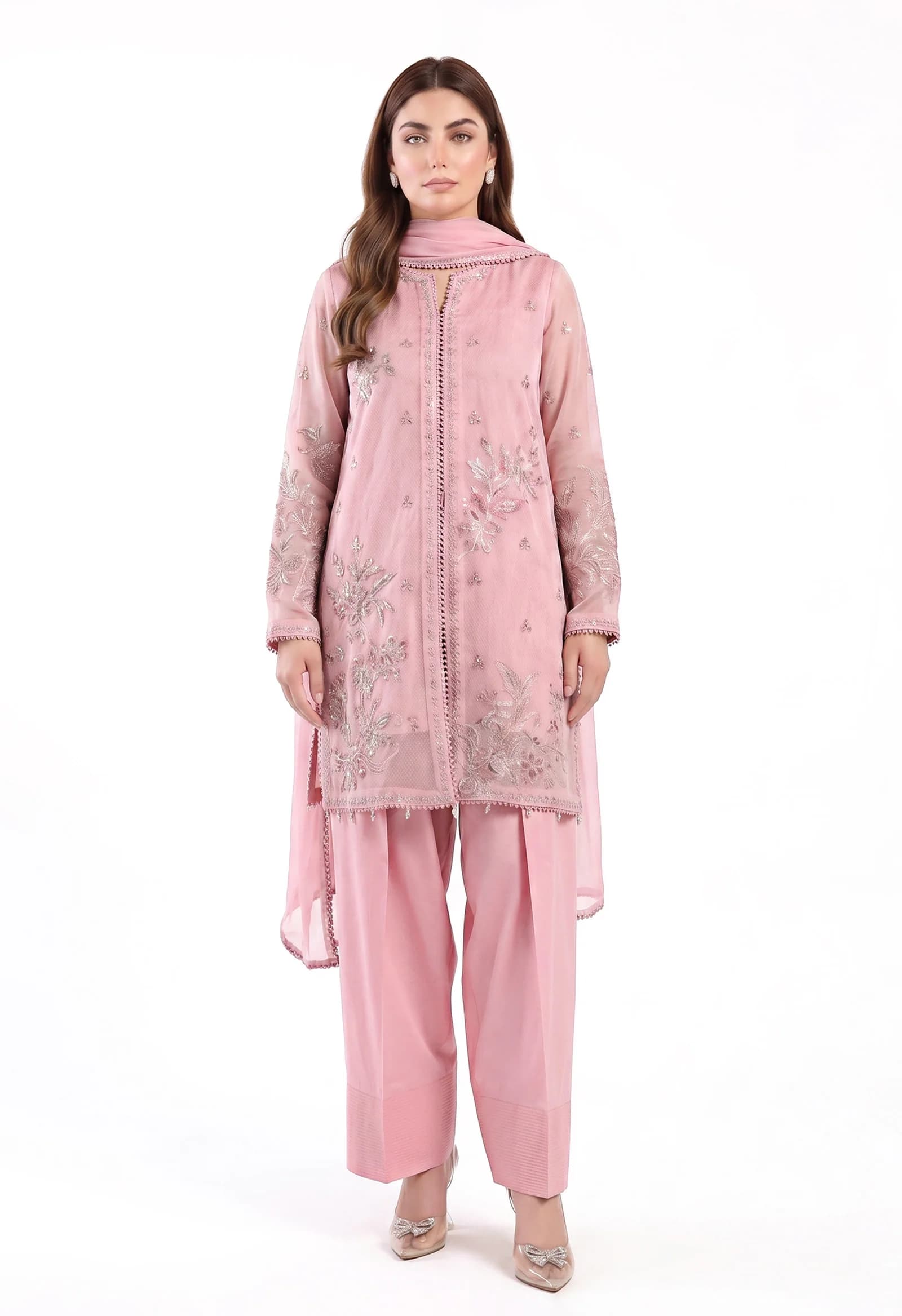 Model in a blush embroidered lawn two-piece